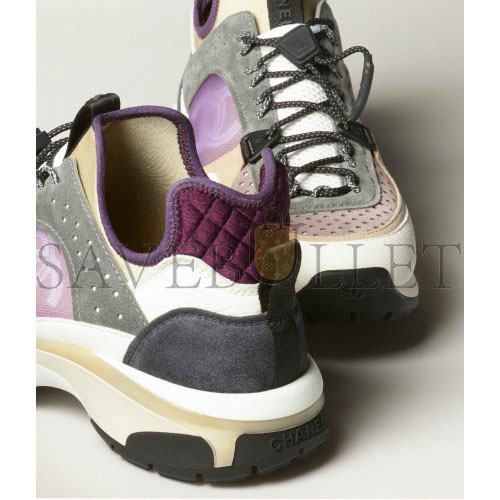 CHANEL SNEAKERS 		FABRIC, SUEDE CALFSKIN, MESH & FABRIC			WHITE, GRAY, PURPLE G39488 Y56142 K4944