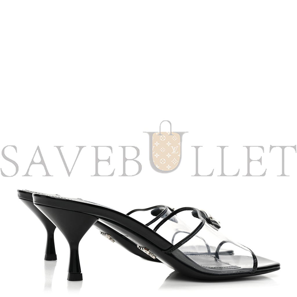 PRADA PLEXIGLASS VERNICE METAL TRIANGLE LOGO 65MM SLIDE SANDALS 36.5 BLACK