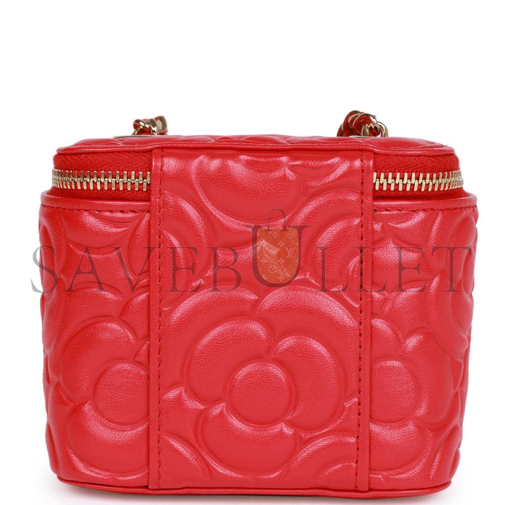 CHANEL CAMELLIA MINI VANITY CASE RED LAMBSKIN LIGHT GOLD HARDWARE (11*9*8cm)