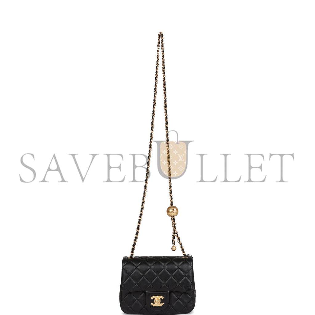 CHANEL PEARL CRUSH MINI SQUARE FLAP BAG BLACK LAMBSKIN ANTIQUE GOLD HARDWARE  (17*14*8cm)