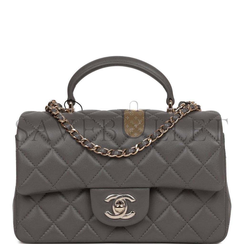 CHANEL MINI RECTANGULAR FLAP BAG WITH TOP HANDLE DARK GREY LAMBSKIN LIGHT GOLD HARDWARE (22*15*8cm)