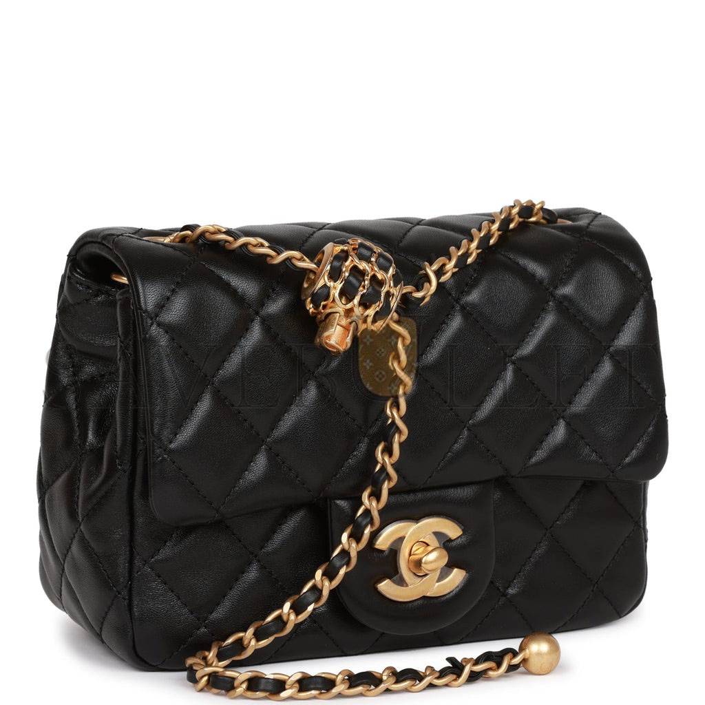 CHANEL PEARL CRUSH MINI SQUARE FLAP BAG BLACK LAMBSKIN ANTIQUE GOLD HARDWARE (17*14*8cm)