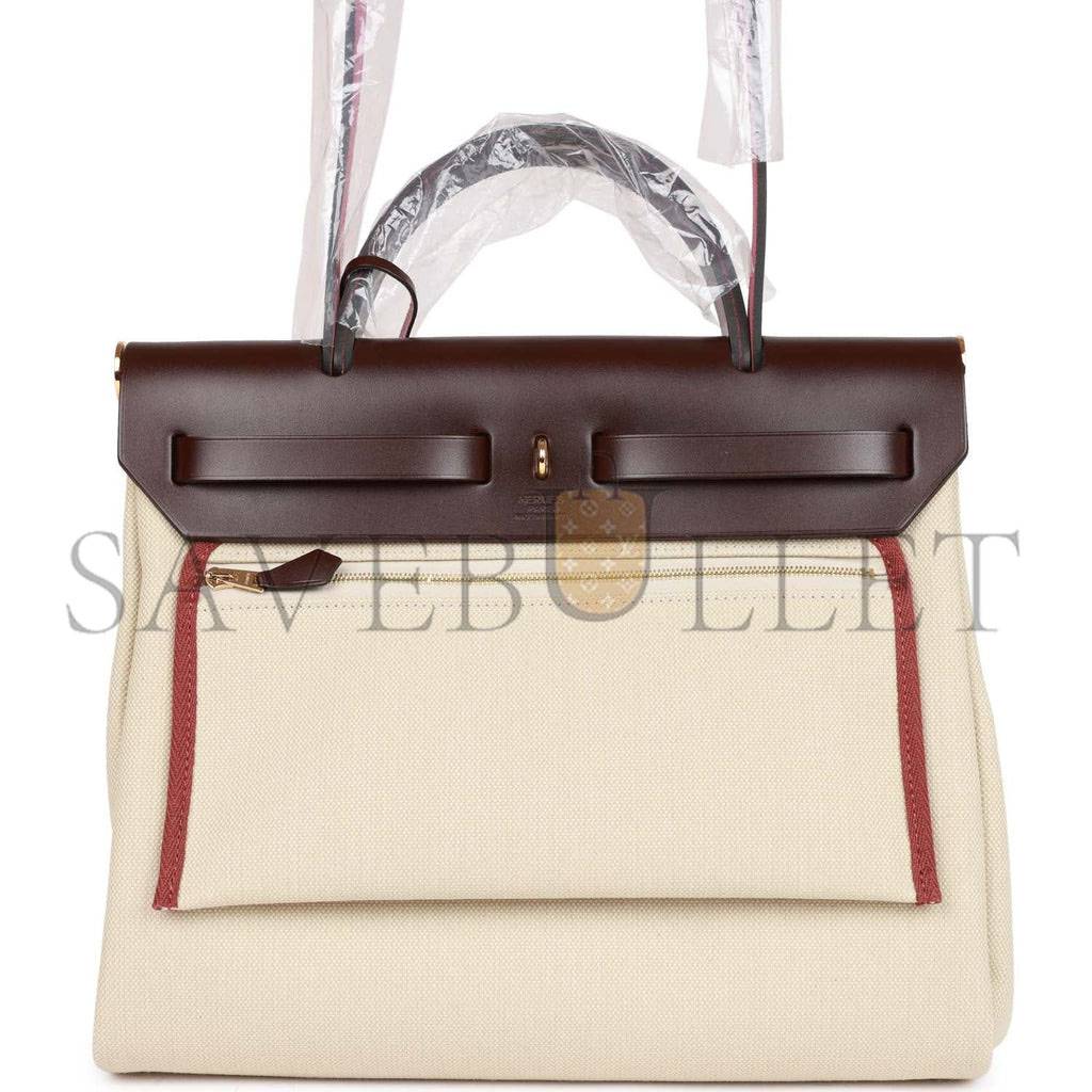 HERMES HERBAG ZIP PM 31 BETON TOILE H BERLINE ROUGE SELLIER HUNTER GOLD HARDWARE (30*27*11cm)