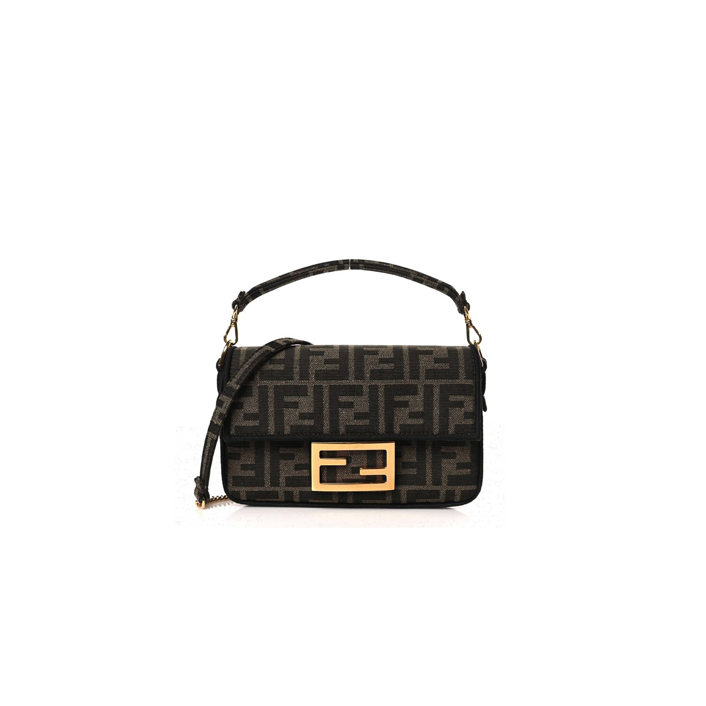 FENDI FABRIC JACQUARD FF 1974 MINI BAGUETTE TOBACCO MORO BLACK (18*12*4cm)