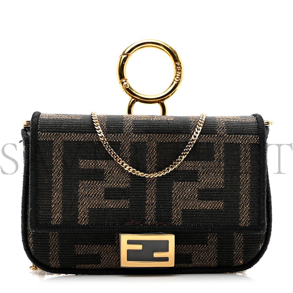 FENDI FABRIC JACQUARD FF 1974 NANO BAGUETTE CHARM TOBACCO MORO BLACK (10*6*3cm)